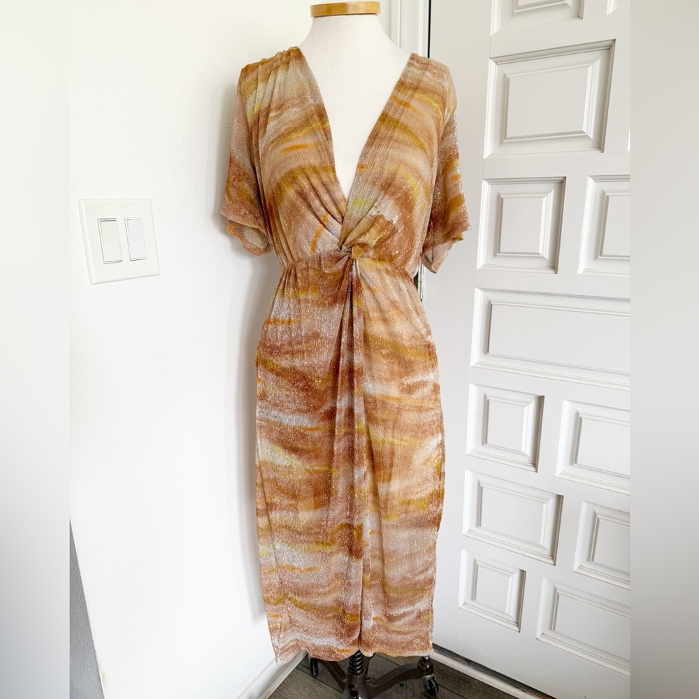 All in Favor Shimmer Twist Mesh Midi Dress Sparkly Brown Tan Resort Wear Large